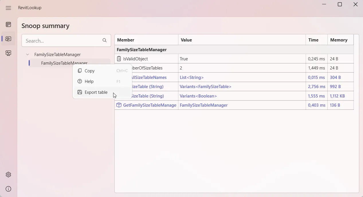 Export table